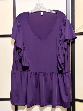 Women's Purple V-Neck Ruffle Sleeve Peplum Blouse